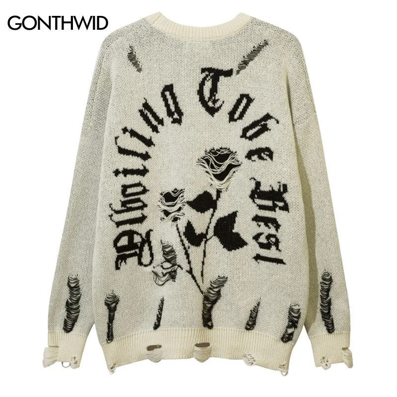 Men Sweater Y2K Grunge Vintage Ripped Destroyed Hole Jumpers Hip Hop Casual Knitted Flower Punk Gothic Loose Pullover Streetwear