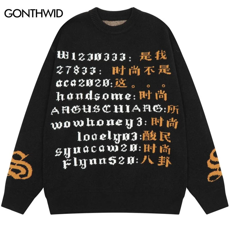 Men Sweater Y2K Streetwear Hip Hop Knitted Chinese Character Letter Pullover Autumn Harajuku Casual Loose Jumper Sweater