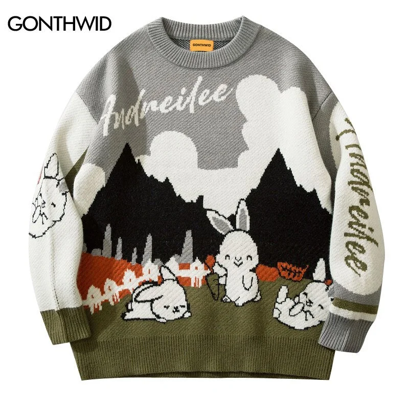 Men Sweaters Jumpers Harajuku Knitted Cute Rabbit Sweater Hip Hop Casual Loose Pullover Sweater 2023 Autumn Korean Streetwear