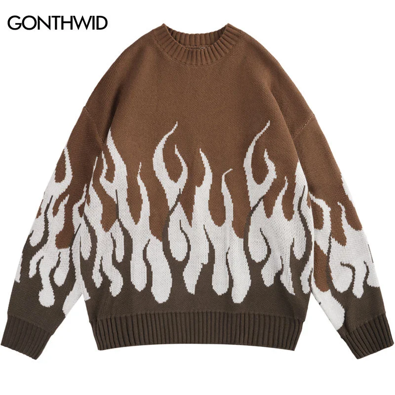 Men Vintage Knitted Sweater Y2K Streetwear Hip Hop Fire Flame Knit Jumpers Sweaters Harajuku Casual Loose Punk Gothic Pullovers