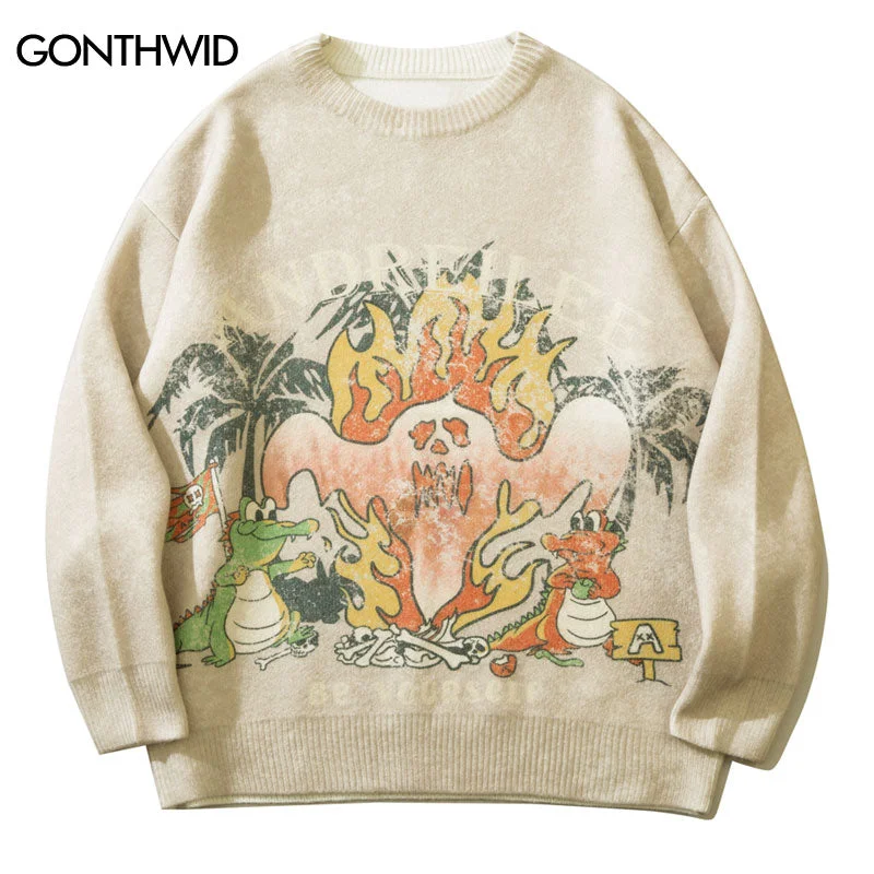 Men Vintage Sweaters Y2K Streetwear Funny Crocodile Ghost Flame Print Knitted Jumpers Hip Hop Harajuku Casual Pullover Sweaters