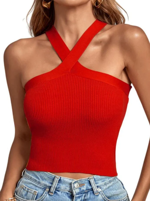 Blue Zone Planet |  New style cross hanging neck strap small vest knitted backless bandage tube top sweater