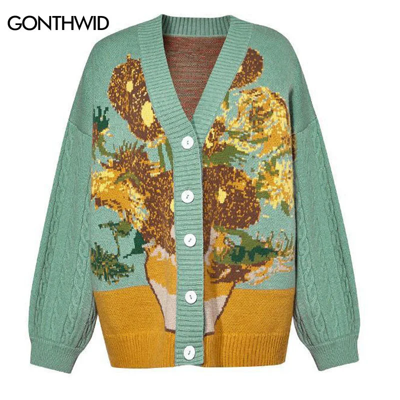 Unisex Cardigan Sweater Harajuku Van Gogh Sunflower Knitted Button Cardigan Women Men Autumn Casual Loose Knit Top Green Blue