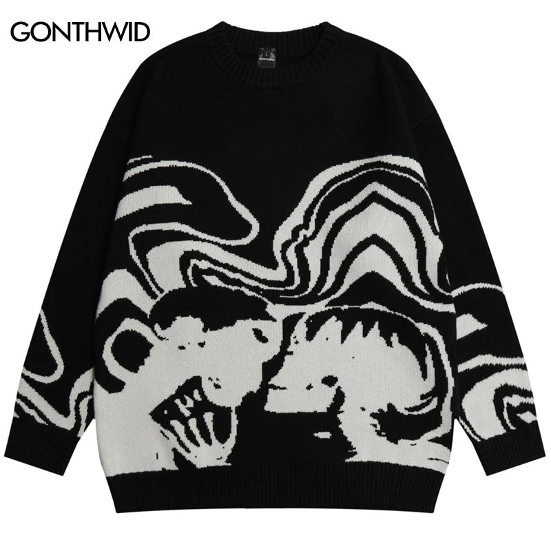 Vintage Knitted Sweaters Streetwear Y2K Grunge Hip Hop Skull Skeleton Jumpers Men Harajuku Casual Punk Gothic Pullover Couples