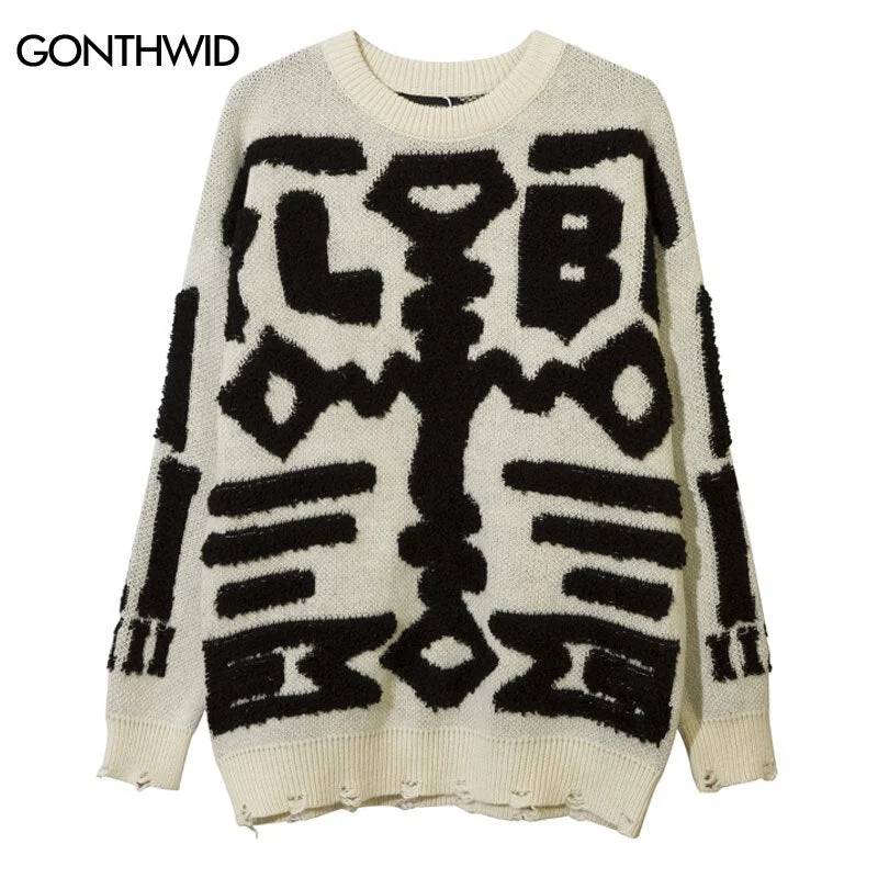 Vintage Men Sweaters Y2K Grunge Streetwear Hip Hop Knitted Geometric Punk Gothic Jumpers Harajuku Casual Loose Pullover