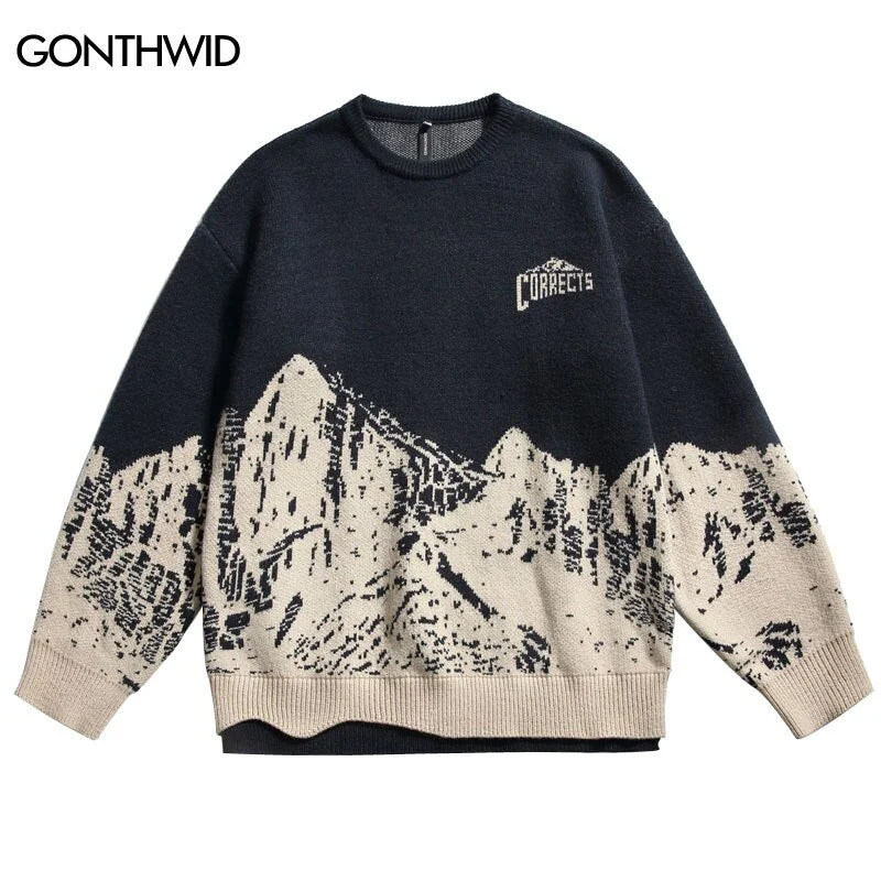 Vintage Sweaters Streetwear 90s Hip Hop Knitted Mountain Pullover Jumpers Autumn Winter Harajuku Casual Loose Knitwear