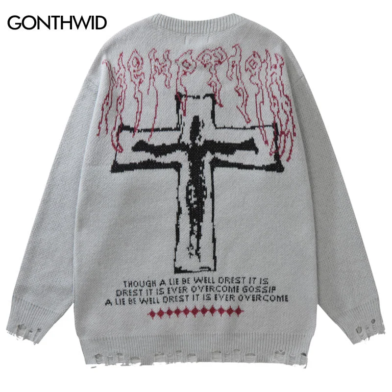 Vintage Sweaters Y2K Grunge Streetwear Hip Hop Ripped Hole Knitted Cross Punk Gothic Jumpers Harajuku Casual Pullover