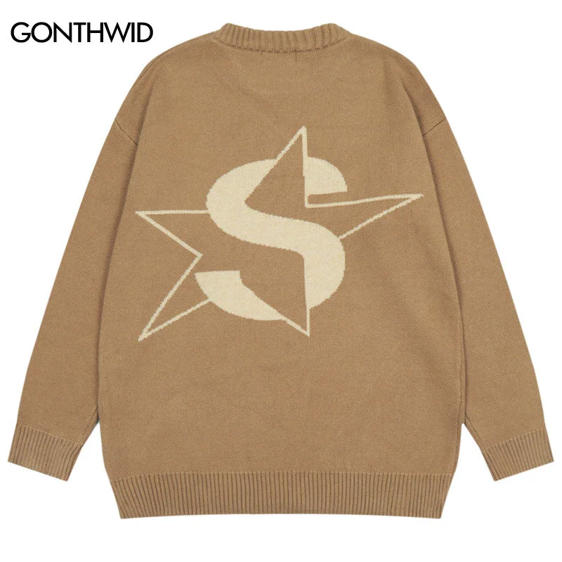 Vintage Sweaters Y2K Harajuku Knitted Star Letter Crew Neck Pullover Jumpers Sweaters 2023 Autumn Hip Hop Casual Sweater