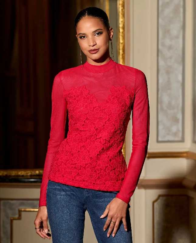 Lace Mesh Knit Top Racing Red