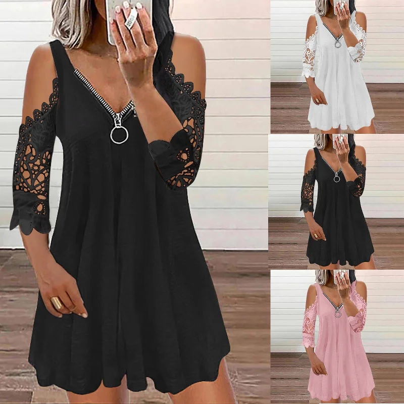 Ladies Summer Dress 2022  Casual Lace Sleeves V-neck Solid Color Zipper Mid-length Dress Loose Dress Robe Femme Été