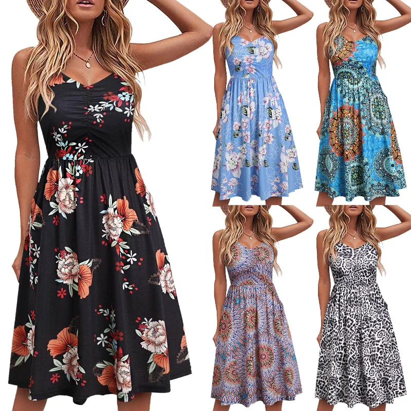 Women's Summer Printed V-neck Casual Lace-up Sling Temperament Knee-length Dress Summer Spaghetti Strap Dresses Sundress Vestido