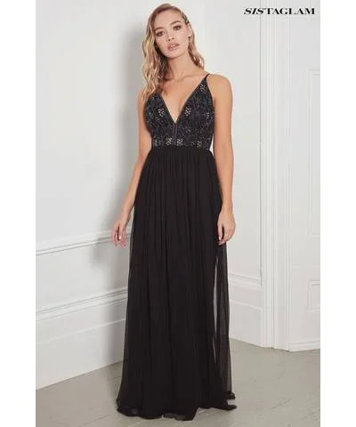 Black Plunge Embellished Maxi Dress