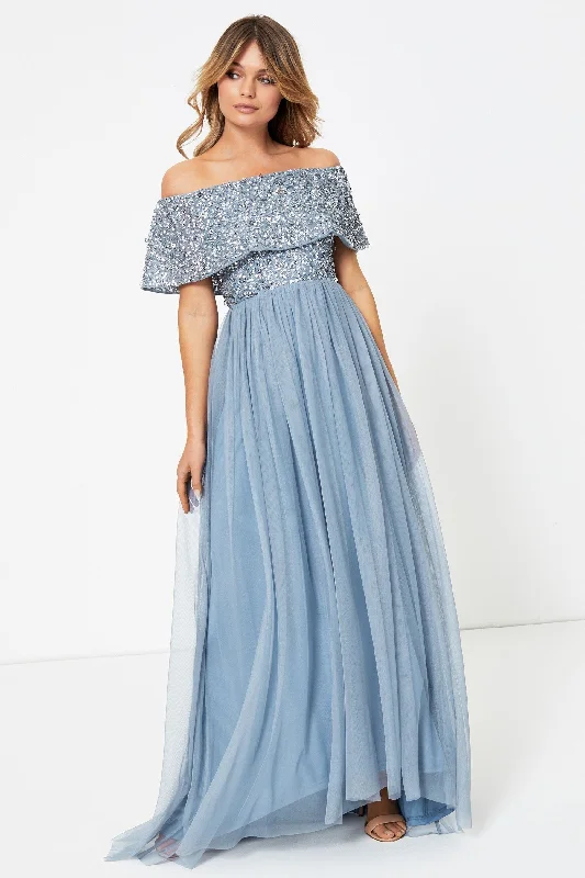 Embellished Bardot Maxi Dress Blue