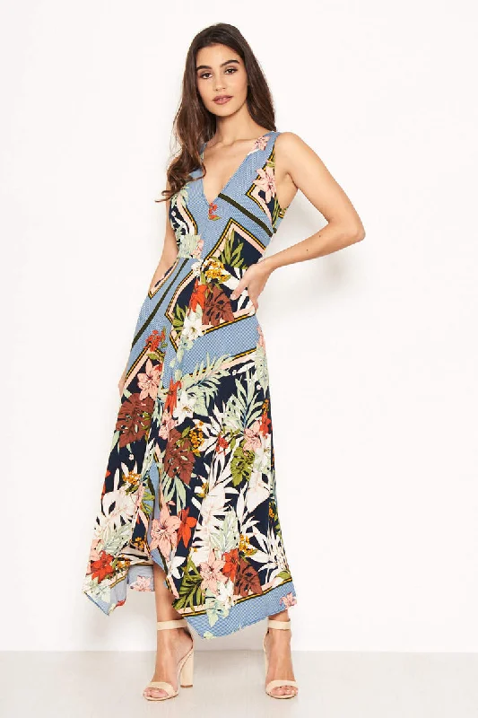 Navy V-Neck Tropical Maxi Dress