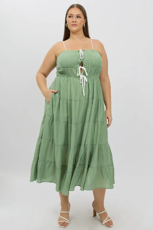 Green Midi Dress Sleeveless Contrast Ribbon