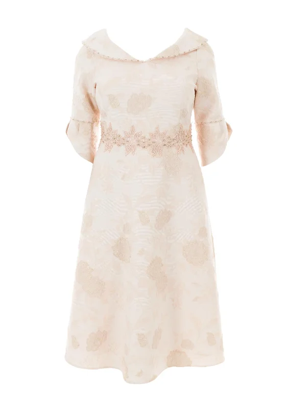 Lizabella Beaded Lace Waist Midi Dress, Champagne