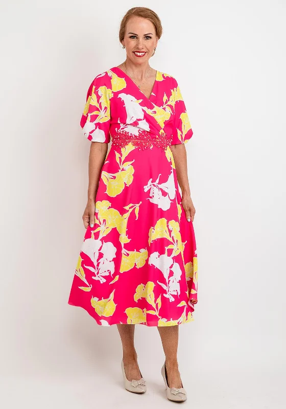 Lizabella Floral Embroidered Waist Midi Dress, Pink & Yellow