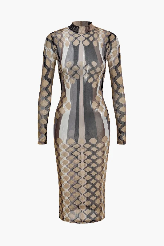 Geometric Print Sheer Mesh Long Sleeve Midi Dress