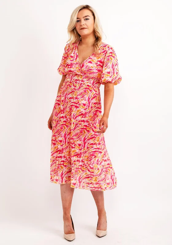 Seventy1 One Size Elasticated Pleated Midi Dress, Pink & Yellow