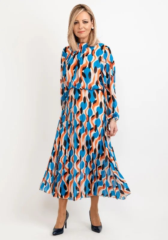 Seventy1 One Size Patterned Blouson Waist Midi Dress, Blue Orange Multi