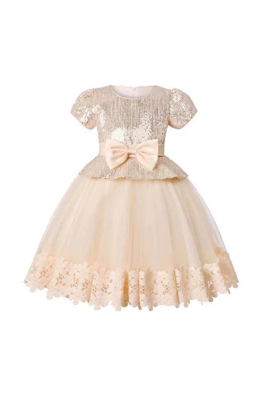 Girl Sequins Christmas Dress Lace Hem Kids Birthday Princess Clothing Toddler Infant Golden Bow Children Gowns