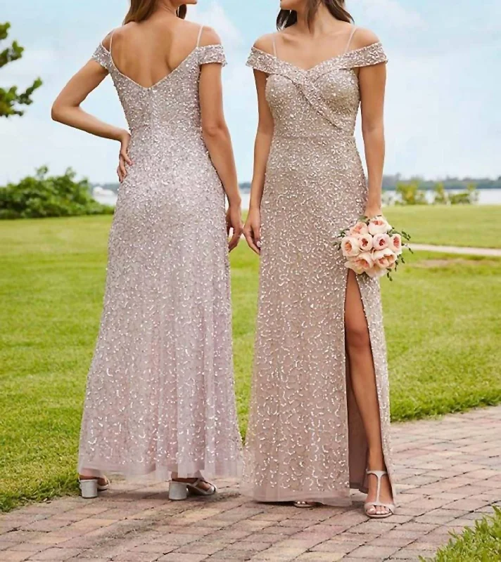 All Over Sequin Gown In Taupe