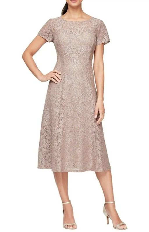 Cap Sleeve Tea Length Sequin Lace Dress In Taupe