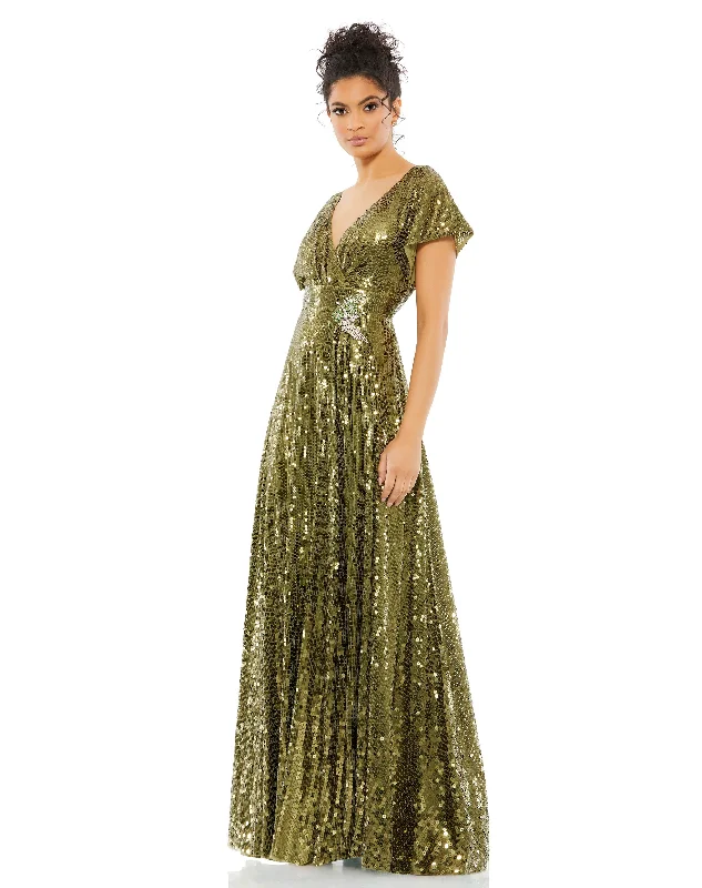 Sequined Butterfly Sleeve Wrap Over A Line Gown