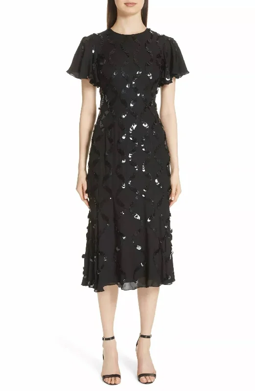 Sophia Sequin Silk A Line Flare Dress In Black