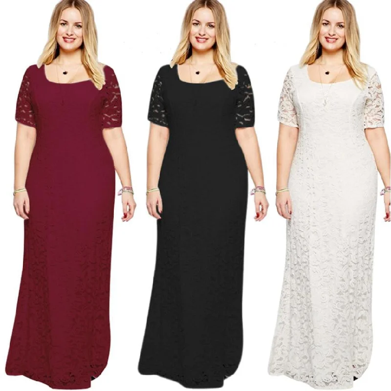 Plus Size Elegant Short Sleeve Lace Long Dress