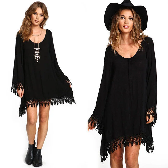 Plus Size Long Sleeve Tassel Black Short Dress