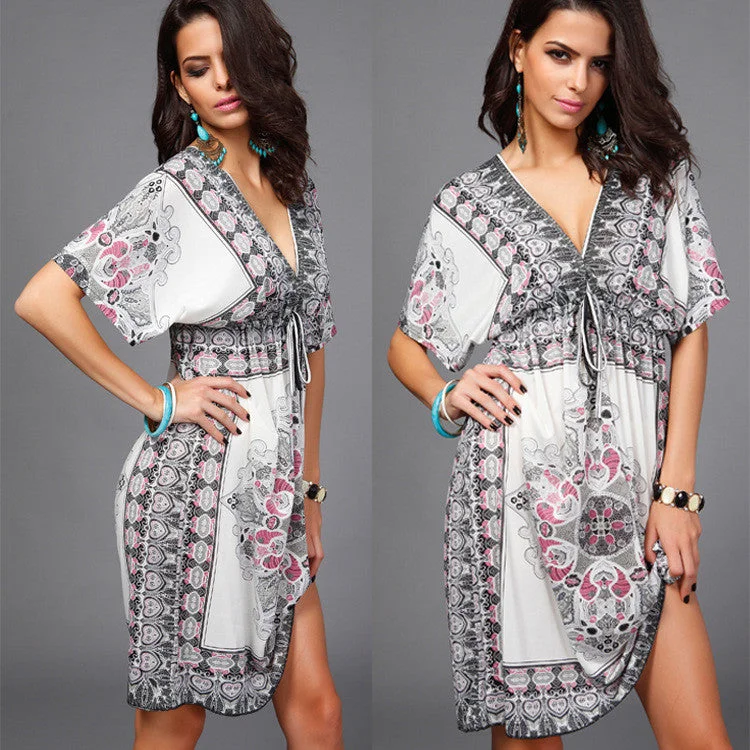 Plus Size Print V Neck Drawstring Loose Short Beach Dress