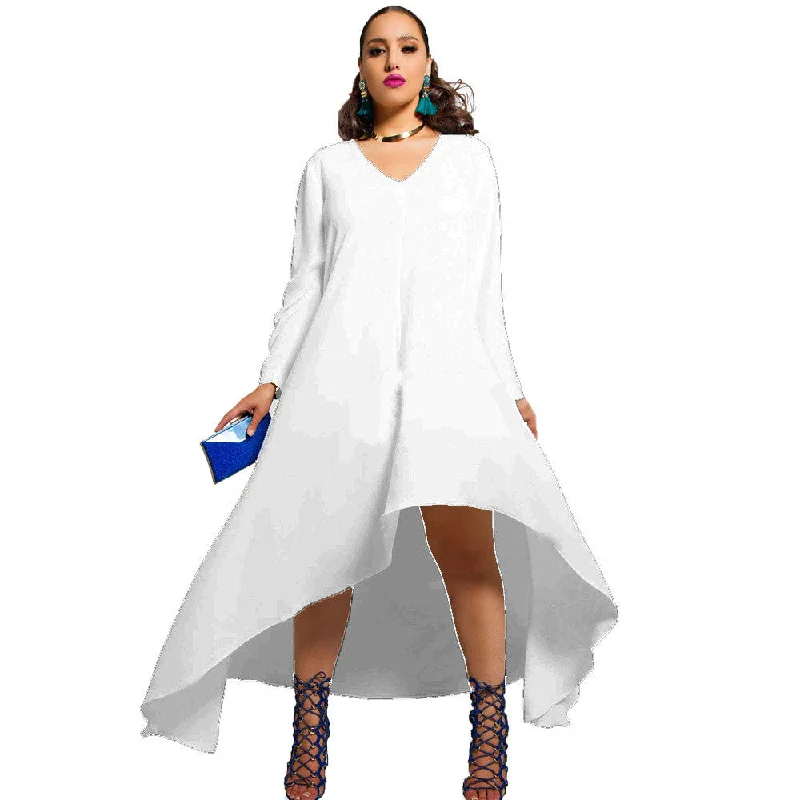 Sexy Plus Size V Neck Long Sleeve Irregular Long Dress