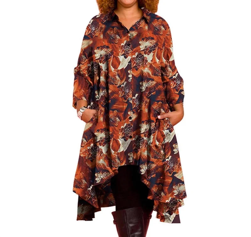 3/4 Sleeve Birdie Plus Size Tunic Dress With Pockets In Burnt Orange Brush