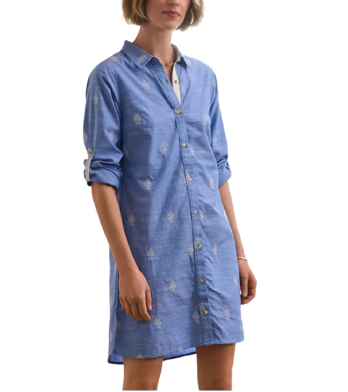 Cara Shirt Dress In Blue White Flower Embroidery