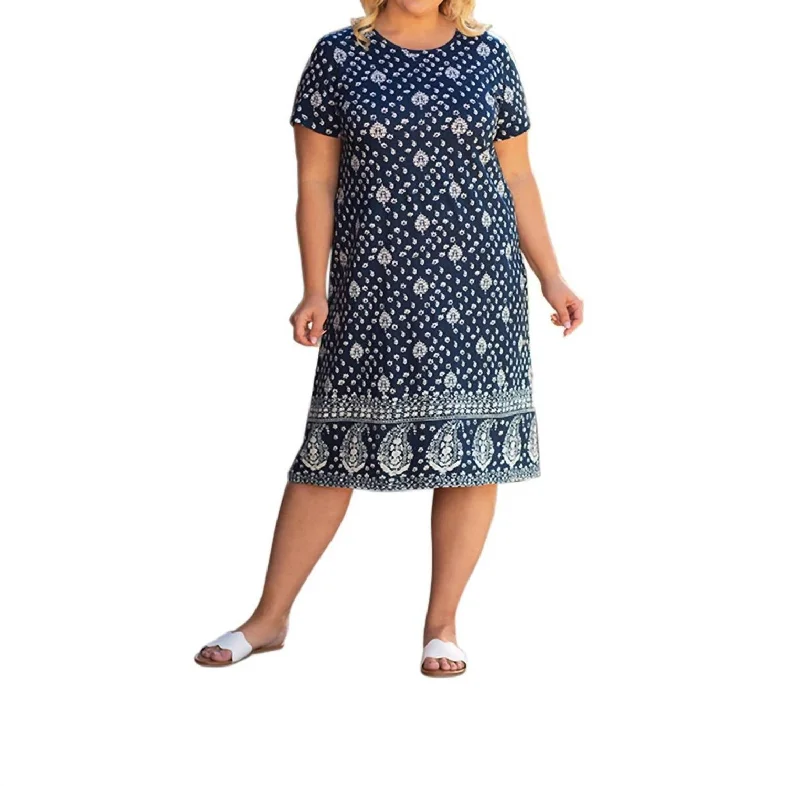 Cotton Short Sleeve U-Neck Penelope Dress - Plus Size In Charleston Blue