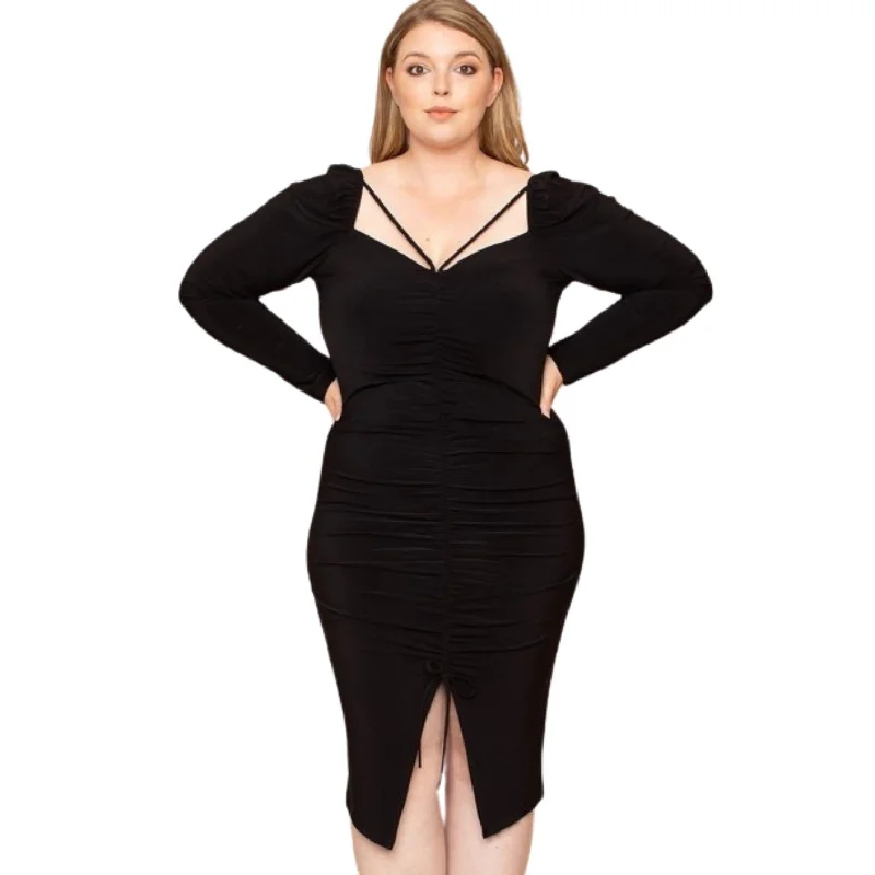 Deep Round Neck Shirring Detailed Back Plus Size Dress