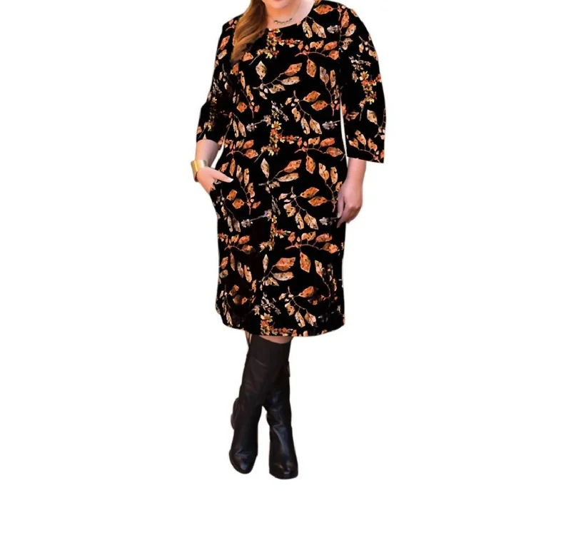 Lallie 3/4 Sleeve Dress With Pockets - Plus Size In Black Dry Leaves