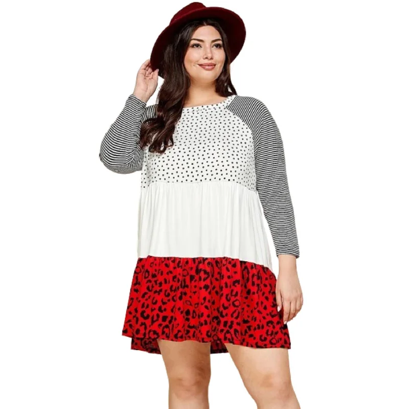 Plus Size Cute Polka Dot And Animal Print Contrast Swing Tiered Dress