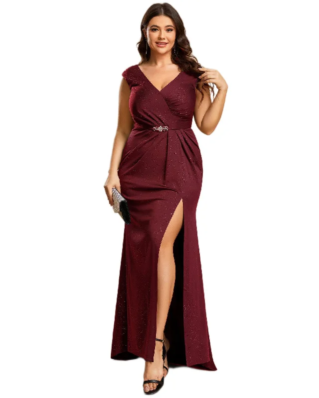 Plus Size Elegant V-neck Glitter Sequin Front Slit Mother of the Bride Dress | Burgundy