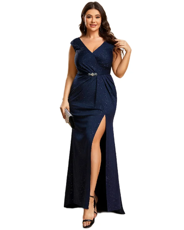 Plus Size Elegant V-neck Glitter Sequin Front Slit Mother of the Bride Dress | Navy Blue