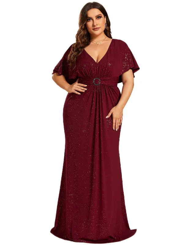 Plus Size Glitter Bat-Wing Sleeve Waist-Cinching Mermaid Evening Dress | Burgundy