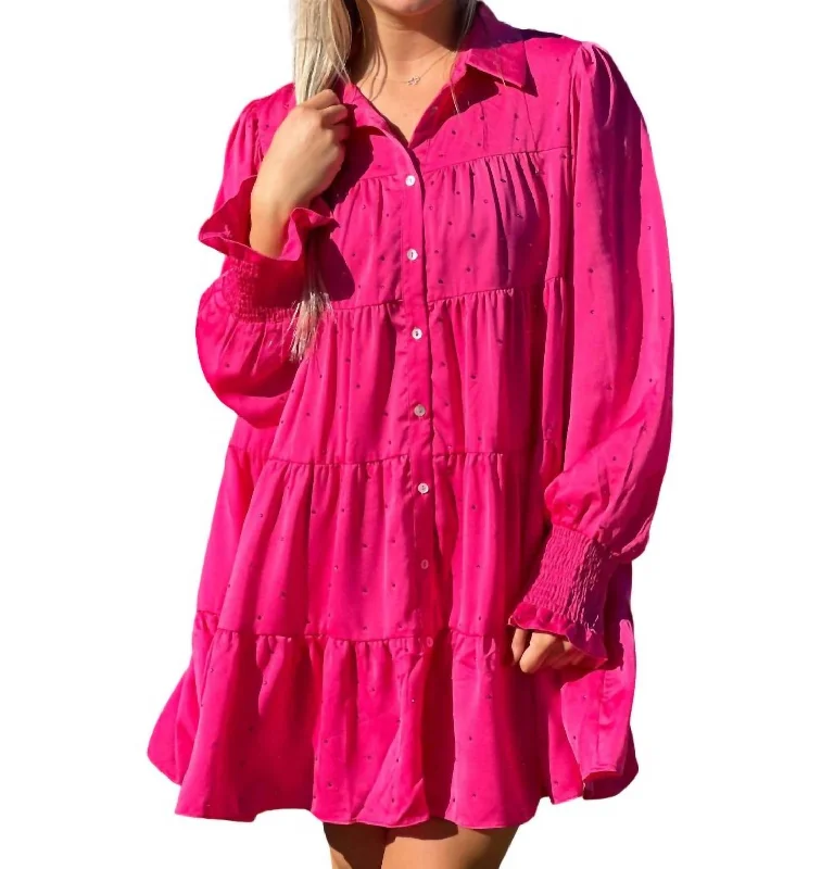 Rhinestone Button Down Shirt Dress In Hot Pink