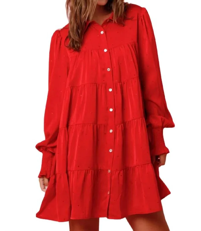 Rhinestone Button Down Shirt Dress In Red