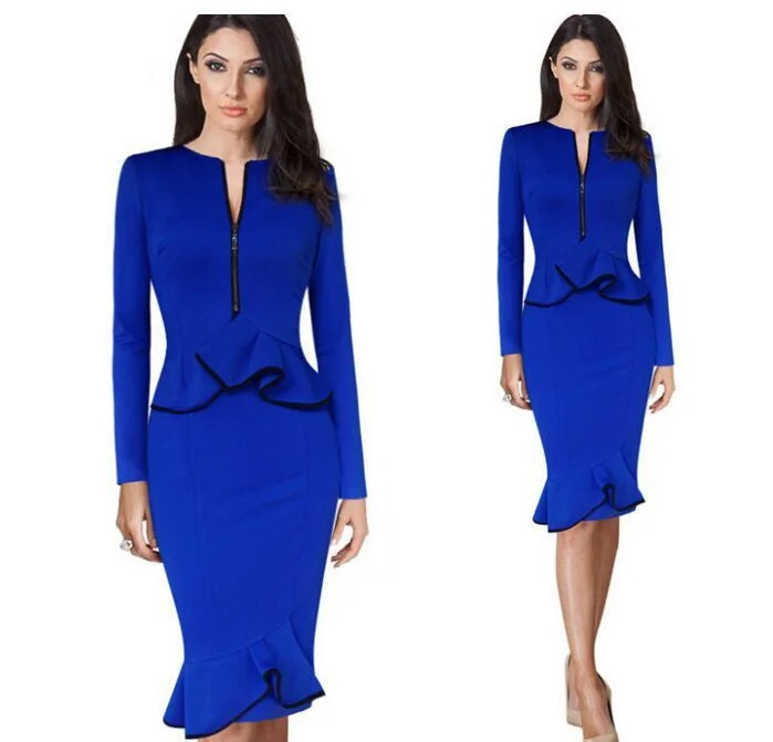 Scoop Ruffle Long Sleeve Mid-Calf Plus Size Pencil Dress