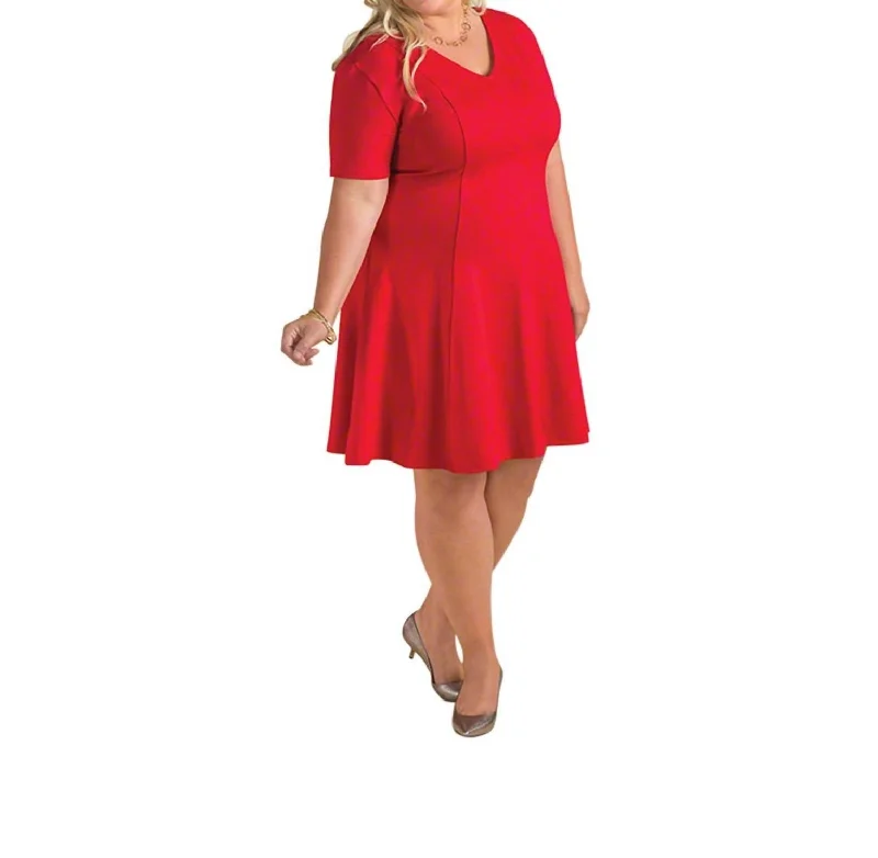 Short Sleeve V-Neck Ponte Fit And Flare Dress - Plus Size In Bright Red