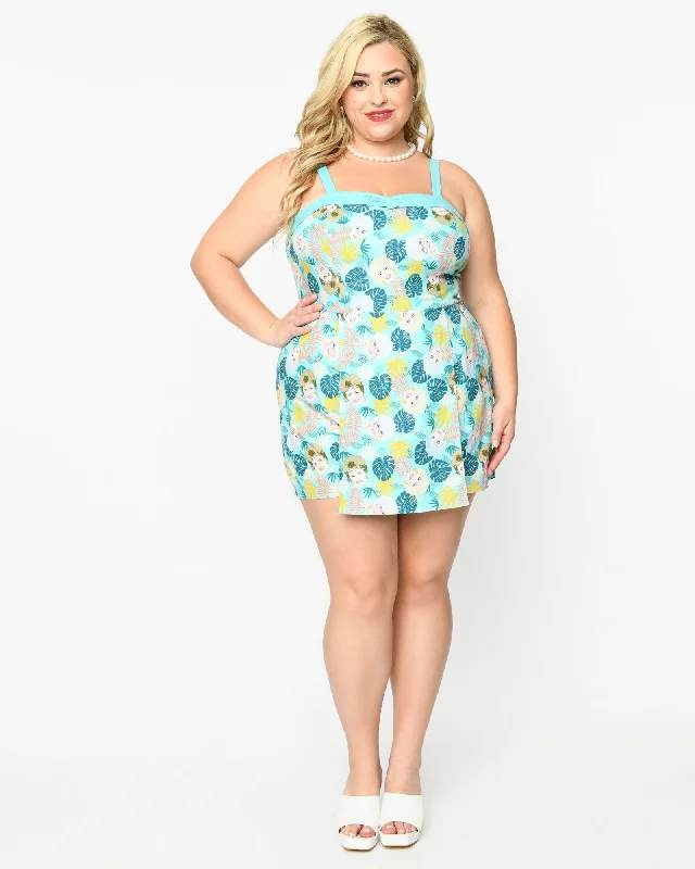 The Golden Girls x Unique Vintage Plus Size Aqua Character Print Skirted Dolly Romper | Aqua Golden Girls Print