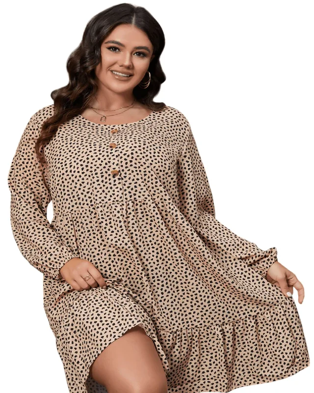 Brown Leopard Spotted Print Tiered Long Sleeve Plus Size Dress | Brown