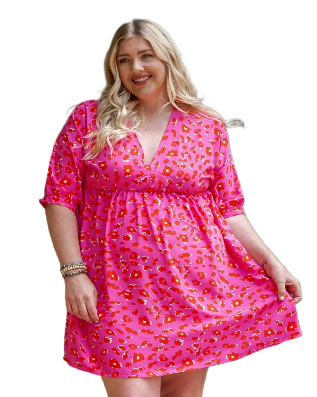 Rose Plus Size 3/4 Sleeves V Neck Leopard Dress | Rose