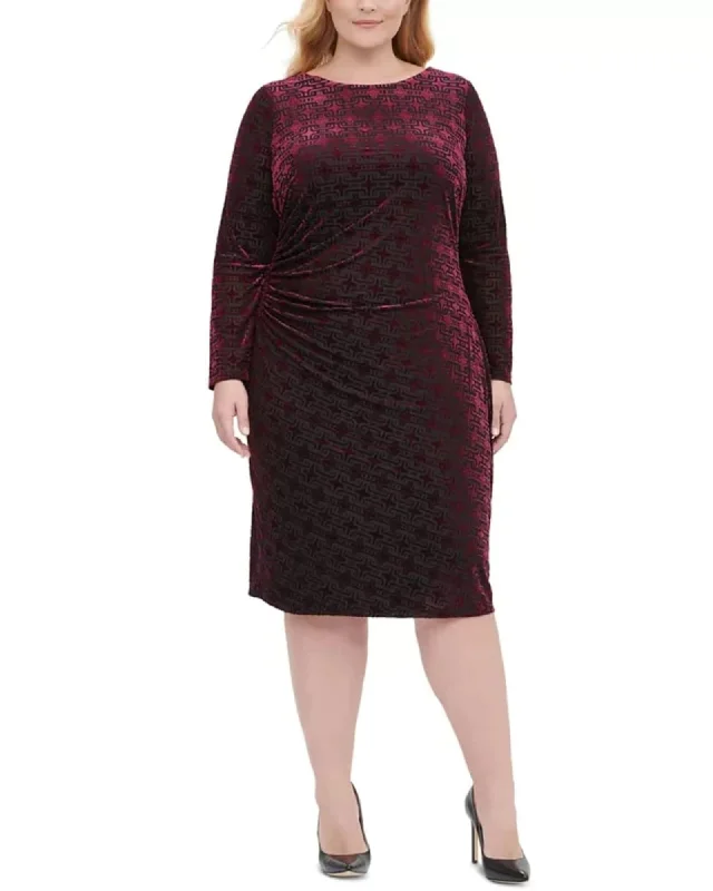 Tommy Hilfiger Women's Plus Size Long-Sleeve Velvet Burnout Sheath Dress Red Size 16W | Red